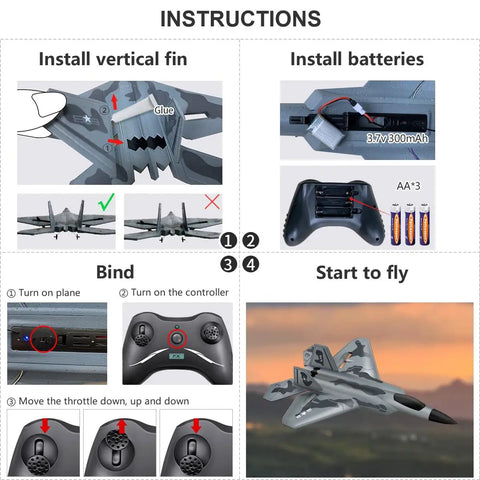 Instructions for Two Channel RC Airplane Ready To Fly With Self Stabilization And 2.4 GHz Remote showing assembly and setup process