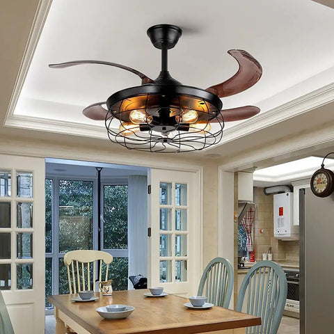 42 Inch Ceiling Fan With Lights Remote Control And Retractable Blades In Vintage Industrial Cage Black Finish over dining table