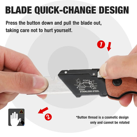 Kickass Folding Utility Knife With Solid Wood Handle And Tight Back Lock Heavy Duty Box Cutter Featuring Quick Change Blade Swap And Extra SK5 Replacement Knives For Any Weekend Grind