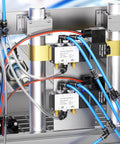 Push To Connect Pneumatic Fittings Kit 36 Piece Set For Air Lines 1/4 OD To 1/8 NPT installed in pneumatic system with blue air tubes