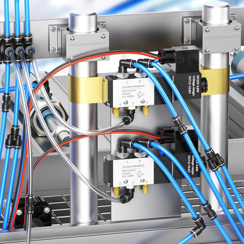 Push To Connect Pneumatic Fittings Kit 36 Piece Set For Air Lines 1/4 OD To 1/8 NPT installed in pneumatic system with blue air tubes