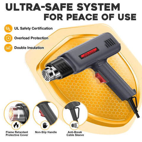 1800W Heat Gun Pro Grade Hot Air Tool With Dual 400 And 600 Degree Settings, Overload Protection, on a yellow shield