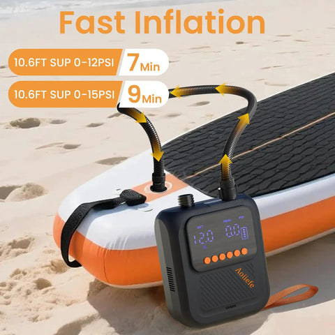 Portable Rechargeable Electric SUP Pump For Stand Up Paddleboards On The Go with dual-stage inflation on beach