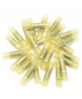 Top Rated Heat Shrink Butt Connectors 25 Pack Yellow 12 To 10 AWG Electrical Wiring Crimp Splices laid out on white background.