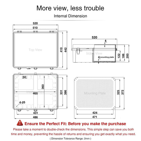 Diagram of the Waterproof Junction Box IP67 Outdoor Plastic Electrical Enclosure with dimensions and mounting plate details.