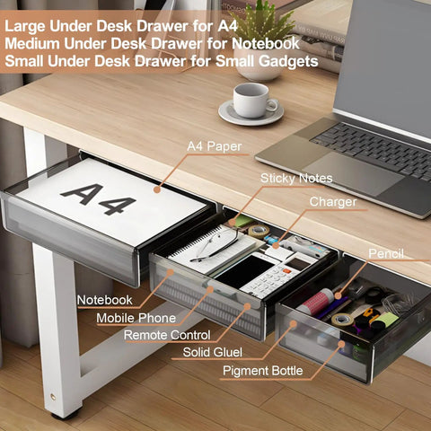 Premium Under Desk Drawer Storage Set With Three Attachable Slide Out Trays For Office And Home, showcasing clear trays for A4 paper, notebook, and small gadgets.