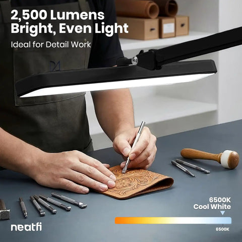 Ultra Bright 2500 Lumen LED Task Lamp With 22 Inch Wide Shade illuminating detail work on craft project, 6500K daylight