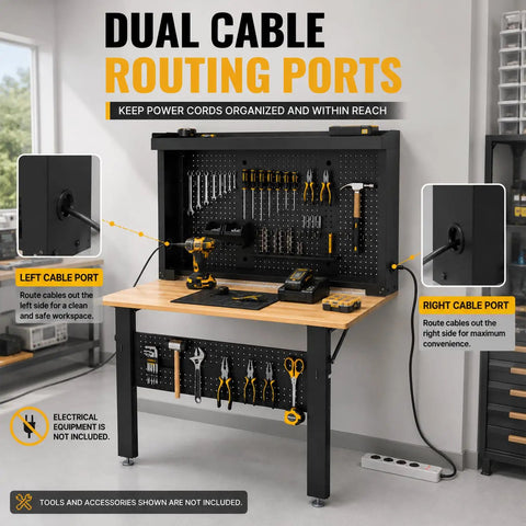Wall Mounted Fold Down Workbench With Pegboard Organizer featuring dual cable routing ports and storage shelf in garage setting.