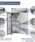 Heavy Duty Commercial Freezer Double Door Reach In 36 Cu Ft Premium Stainless Steel showing features like magnetic gasket and sliding shelves.