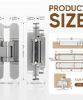 Hidden Door Hinges Set Two Pack Six Inch Three Way Adjustable Invisible Hinges With 180 Degree Swing Heavy Duty Concealed Hinges Load Bearing Up To 88 Lbs Silver Finish For Hidden Doors And Feature Walls, showing dimensions and design details.