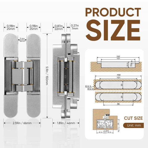 Hidden Door Hinges Set Two Pack Six Inch Three Way Adjustable Invisible Hinges With 180 Degree Swing Heavy Duty Concealed Hinges Load Bearing Up To 88 Lbs Silver Finish For Hidden Doors And Feature Walls, showing dimensions and design details.