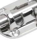 Close-up of Heavy Duty Marine Locker Latch Built To Last In Polished Stainless Steel For Boats And Yachts Fits Windows Doors Hatches Cabinets Three And Five Eighths Inch Corrosion Resistant Impact Proof Easy Install Secure Lock showing polished finish and mounting holes