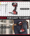 Beast Of A 20V Max Brushless Cordless Impact Driver Kit With 1600 InLb Torque hanging on wall and worn on belt