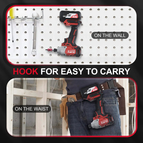 Beast Of A 20V Max Brushless Cordless Impact Driver Kit With 1600 InLb Torque hanging on wall and worn on belt