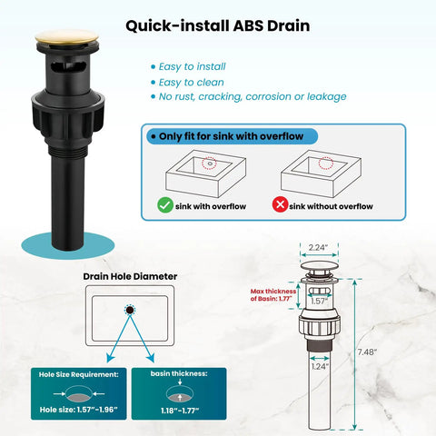 Diagram of quick-install ABS drain with dimensions for 8 Inch Widespread Bathroom Faucet Set With Two Cross Handles, Deck Mount