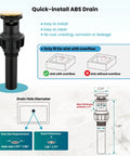 Diagram of quick-install ABS drain compatible with sinks with overflow, showcasing dimensions and easy installation features.