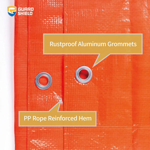 Close-up of Orange Tarp 20x30 Feet Heavy Duty Lightweight 6 Mil Poly Cover Outdoor Tarpaulin showing rustproof grommets and reinforced hem