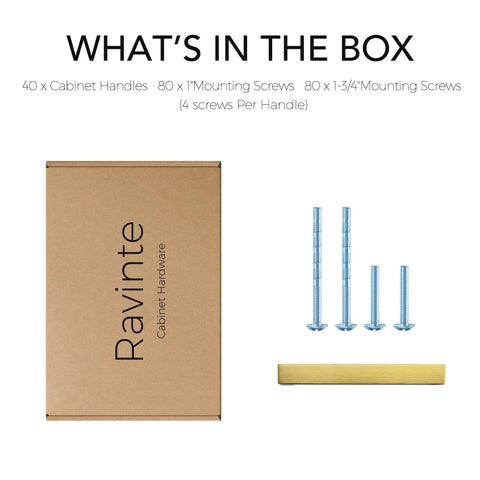 Box contents with 40 Pack Three And Three Quarter Inch Square Cabinet Handles In Brushed Brass Finish With Stainless Steel Build, screws.