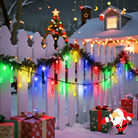 Water Drop Solar String Lights 2 Pack Outdoor Waterproof 41.6Ft Total Length 60 LED Teardrop Water Drop Lights Multicolor on fence