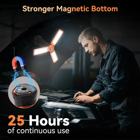 Mechanic using Rechargeable Camping Light With Stand Seven-Foot Max Height, 15000mAh Beast Portable Cordless LED Work Light, 5500 Lumen Dimmable Emergency Flashlight With Detachable Tripod, Color Temperature 6500K/4500K/3500K, Orange with strong magnetic base under car hood