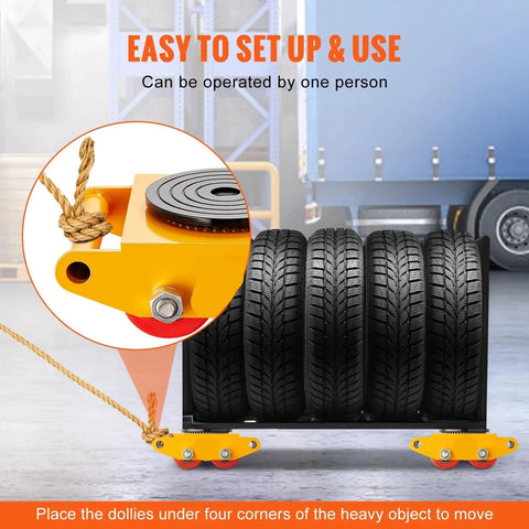 Heavy Duty Machinery Mover Skate Dolly With Four Silent Rolling PU Wheels, showing a close-up of the caster and pulling mechanism.