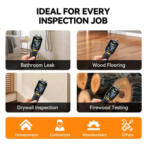 Dual Mode Moisture Meter For Wood And Building Materials With Pin And Pinless Non Destructive Testing Surface Scan Up To Three Quarters Inch Temperature And Humidity Readout Data Log And Backlit LCD Display used on wood flooring and drywall