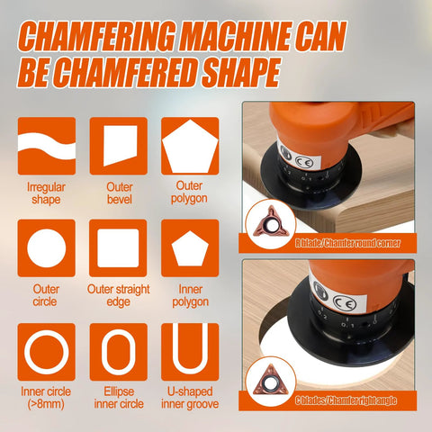 Orange 2-in-1 mini pneumatic chamfering tool, handheld with 1/4 in air inlet for beveling and deburring.