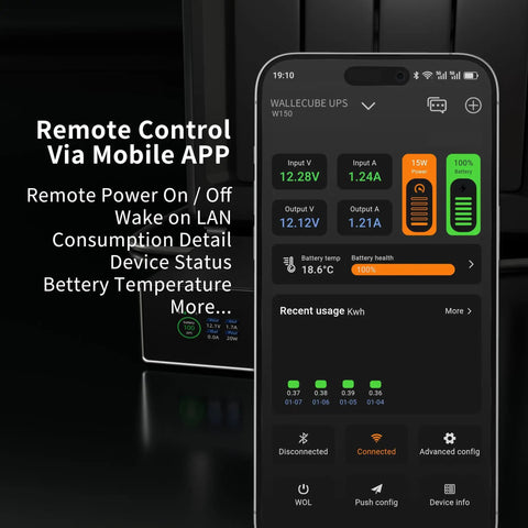 Smart UPS 150W LiFePO4 Battery Backup with mobile app control on smartphone screen, 57.6Wh capacity and long lifespan.