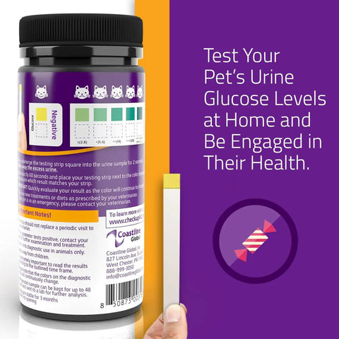 Glucose Urine Test Strips For Cats And Dogs, 50 Count, Easy At Home Pet Health Check, bottle with color chart and strip