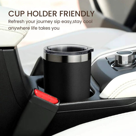 Eight Tough As Nails Twenty Ounce Double Wall Insulated Stainless Steel Tumblers With Secure Lids And Straws That Keep Your Sippin Frosty Or Steaming Hot All Day Long In Sleek Black Finish in car cup holder.