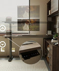 Cool L Shaped Electric Standing Desk In Dark Walnut With Smart Hutch And Built In Storage For Home Office, Moves From Sitting To Standing Fast With Memory Presets For Your Daily Work Grind, showing adjustable height controls.