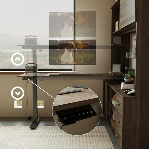 Cool L Shaped Electric Standing Desk In Dark Walnut With Smart Hutch And Built In Storage For Home Office, Moves From Sitting To Standing Fast With Memory Presets For Your Daily Work Grind, showing adjustable height controls.