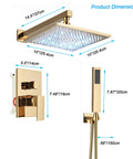 Gold Shower System With 10 Inch Brass Rain Shower Head And Handheld, Wall Mounted Luxury Bath Mixer, dimensions shown