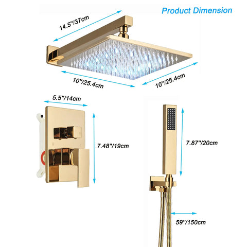 Gold Shower System With 10 Inch Brass Rain Shower Head And Handheld, Wall Mounted Luxury Bath Mixer, dimensions shown