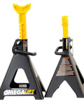 Heavy Duty 6 Ton Jack Stands Set With Double Locking Pins Handle Lock And Mobility Pin For Auto Repair Shop Built Tough Extra Safety Black Durable Stamped Steel Construction And Wide Pyramid Foot Base front and side view