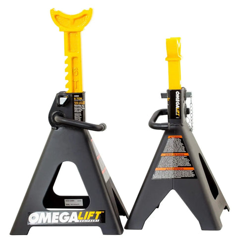 Heavy Duty 6 Ton Jack Stands Set With Double Locking Pins Handle Lock And Mobility Pin For Auto Repair Shop Built Tough Extra Safety Black Durable Stamped Steel Construction And Wide Pyramid Foot Base front and side view