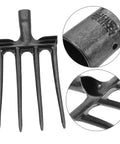 Heavy Duty Steel Four Prong Pitch Fork For Digging And Loosening Soil Manure Rake With Easy Attach To Handle Not Included Durable Replacement Farm Tool For Garden And Yard Work, showing prong detail and handle socket.