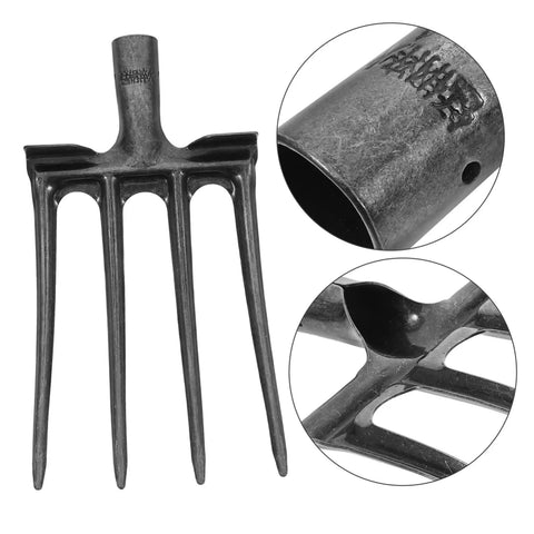 Heavy Duty Steel Four Prong Pitch Fork For Digging And Loosening Soil Manure Rake With Easy Attach To Handle Not Included Durable Replacement Farm Tool For Garden And Yard Work, showing prong detail and handle socket.