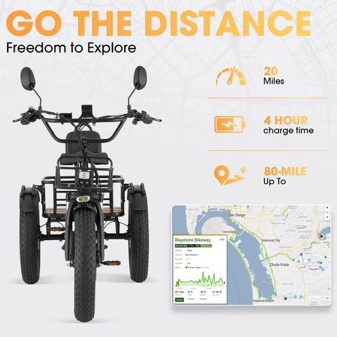 Electric Tricycle For Adults With 750W Peak 1350W Motor And Fat Tire Power 20x4 Folding E Trike 48V 13Ah Battery Three Wheel Ebike With Front And Rear Basket Differential Ultra White Up To 50 Miles In PAS Mode front view with fat tires and baskets