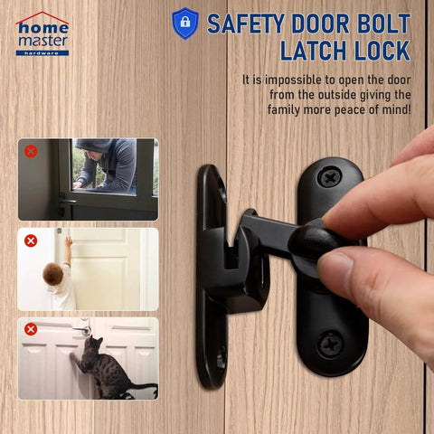 Crazy Tough Heavy Duty Barn Door Lock 90 And 180 Degree Flip Latch Kit in black with anti-theft knob, installed on door.
