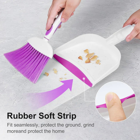 Mini Dust Pan And Brush Set With Teeth For Tight Spaces Flat Broom For Keyboards Desks Sofas Drawers And Cars, Purple in use