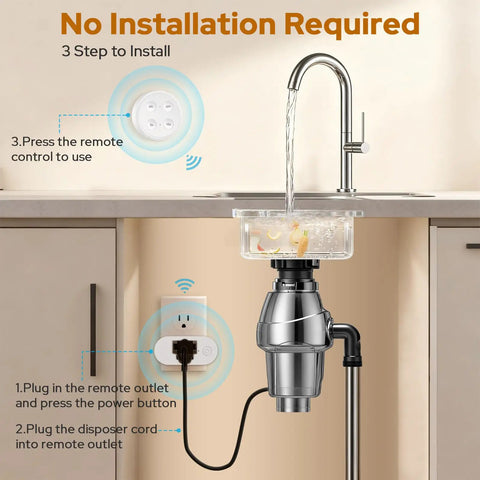 Diagram showing installation of No Fuss Wireless Sink Top Garbage Disposal Switch Kit With On Off Remote And 5S 10S Timer Air Switch Replacement.