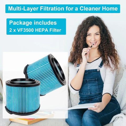 Woman with VF3500 HEPA Vacuum Filter Replacement For 3 To 4.5 Gallon Wet Dry Shop Vacuums displayed on the side, 2 pack