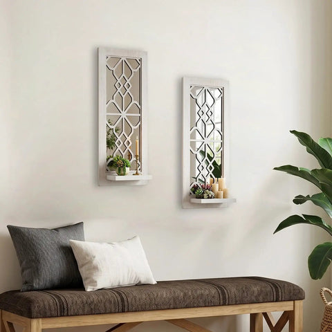 Solid Wood Farmhouse Candle Sconces Set Of Two Wall Mount Holders With Mirrored Backdrop on beige wall with decorative plants and candles.