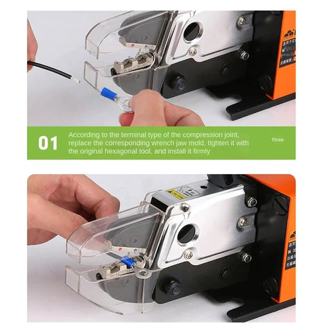 Heavy Duty Pro Grade Electric Dynamic Crimping Machine With Automatic Cold Press Terminal Tool For All Wire Gauges Up To Thirty Five Millimeter demonstrating terminal installation process.