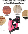 Heavy Duty 20V Cordless Brad Nailer Jam Free 18 Gauge Two In One Stapler Kit Finish Nail Gun With Fast Charger Plus Complete Ammo Rack In Sleek Pink positioned next to various wood materials.