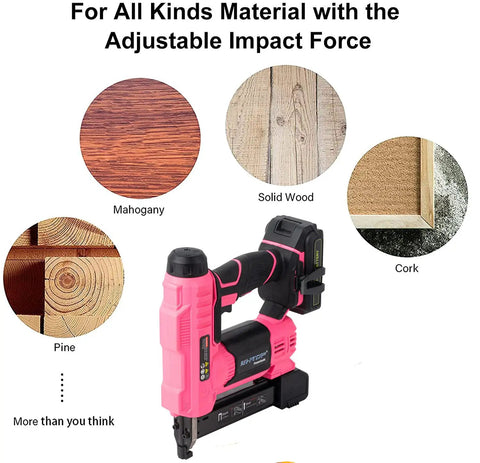 Heavy Duty 20V Cordless Brad Nailer Jam Free 18 Gauge Two In One Stapler Kit Finish Nail Gun With Fast Charger Plus Complete Ammo Rack In Sleek Pink positioned next to various wood materials.