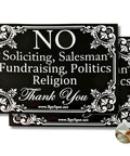 Two Pack No Soliciting Door Sign 4x3 Vinyl Weatherproof Peel And Stick For Home Or Business Stop Door Knocks From Sales Reps Fundraisers Political Canvassers And Religious Solicitors shown in decorative black and white design.