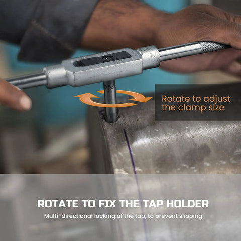 Close-up view of using 80 Piece Tap And Die Set For SAE And Metric Threads with wrenches to adjust clamp size on a metal workpiece.