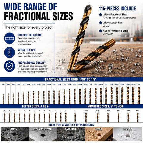 Badass 115 Piece HSS Drill Bit Set Featuring Jobber Length Twist Bits Ranging From One Sixteenth To One Half Inch showing fractional sizes and use on metal, wood, and plastic.